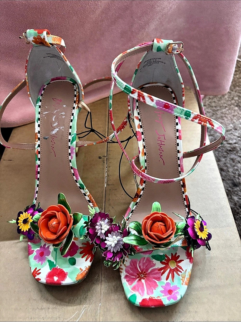 Betsey Johnson Merrily Bright Multi Floral Low Block Heel Sandals